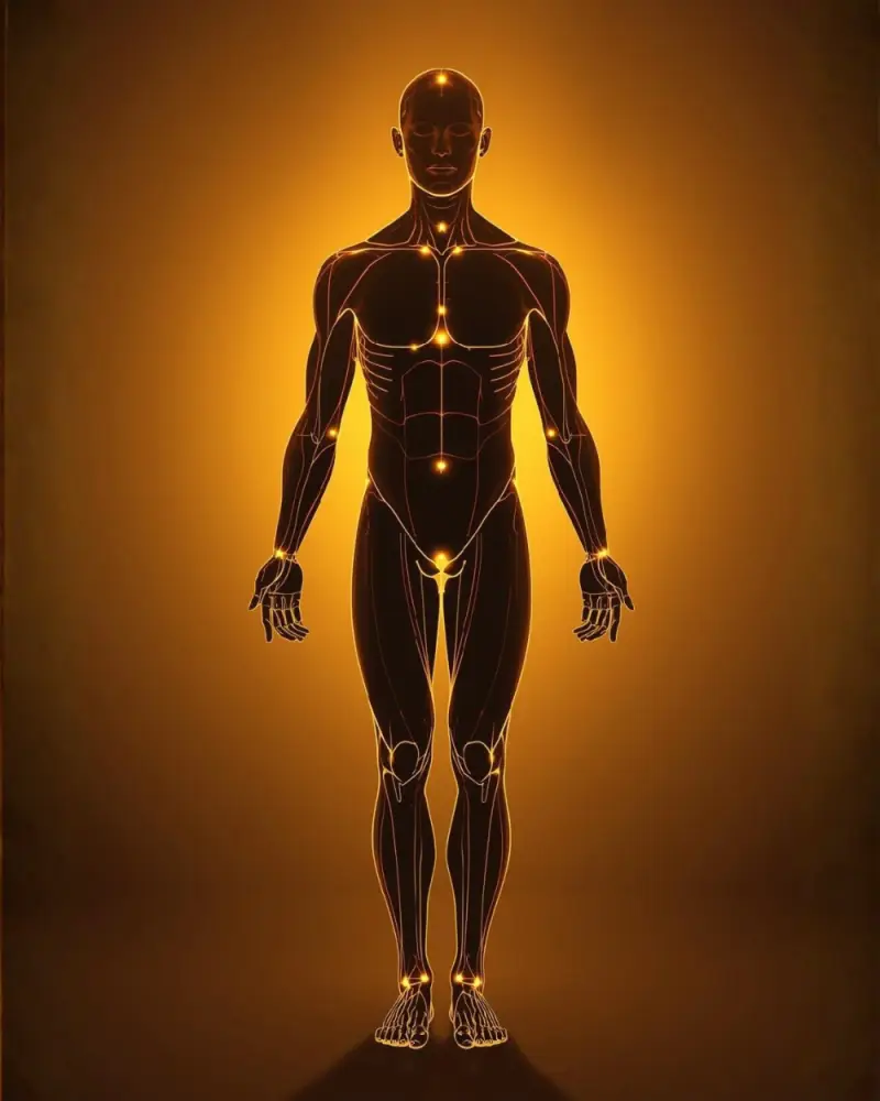 Illustration of body awareness meditation showing the full human body with highlighted energy points, symbolizing mindful presence, physical sensations, and inner balance.