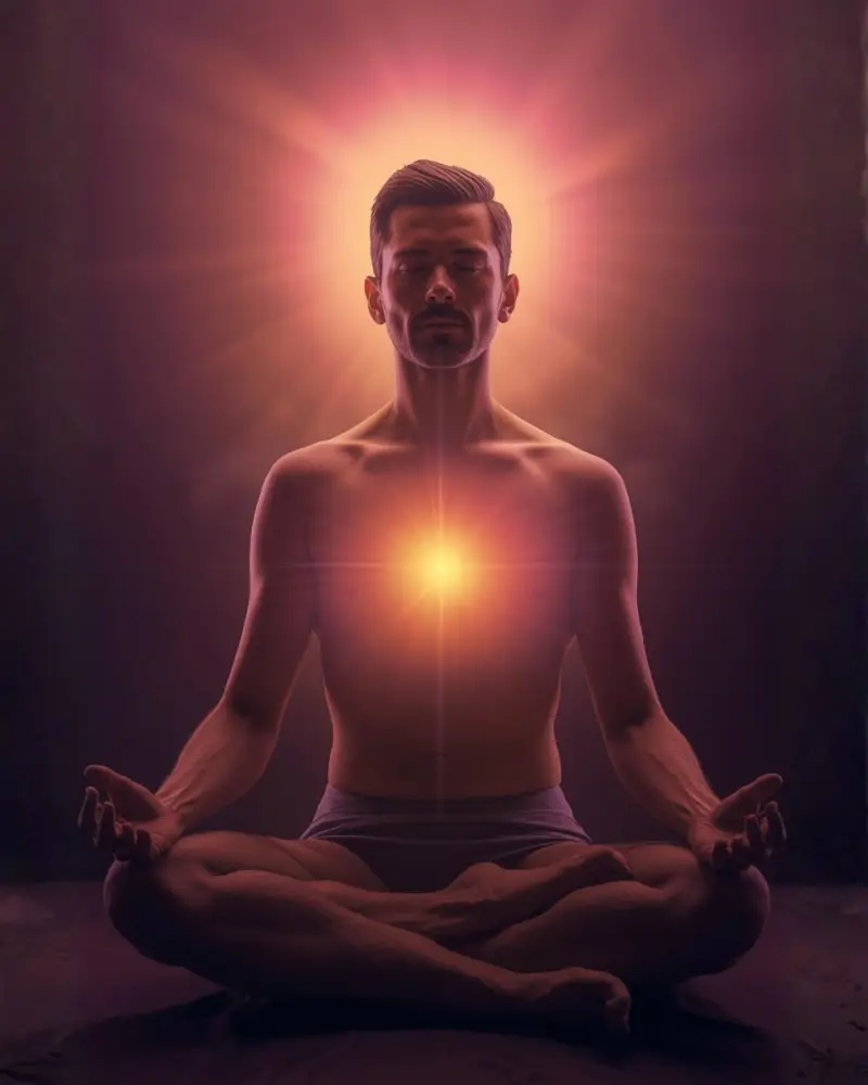Meditation focused on heart connection, with a calm figure seated in stillness and a warm light radiating from the heart center.
