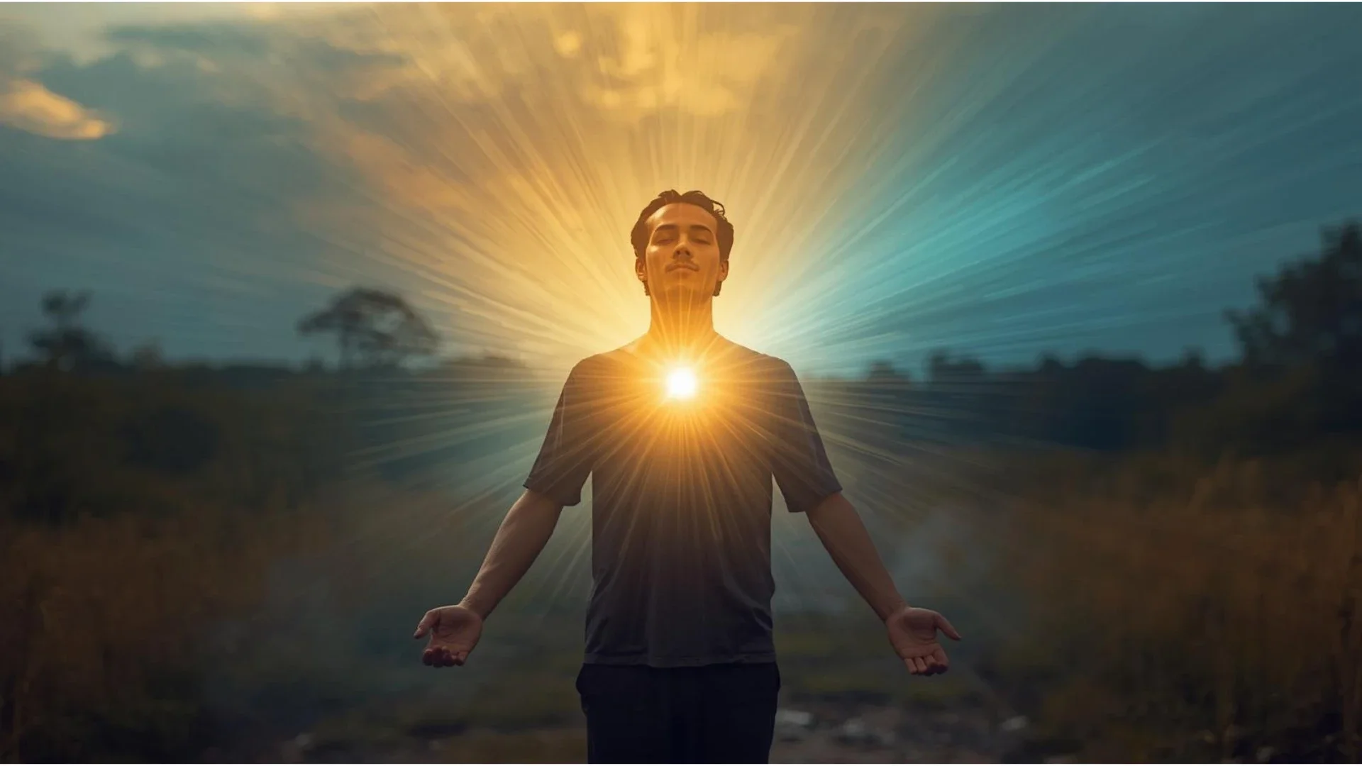 Personne rayonnant de lumière au niveau du cœur, symbolisant la transformation intérieure et l’éveil spirituel après une période de crise