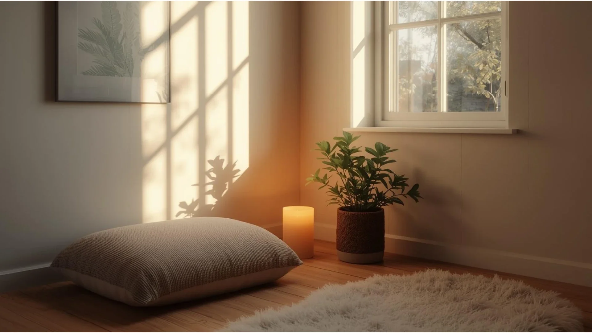 Coin sacré près d’une fenêtre avec coussin de méditation, bougie et plante, illustrant un espace simple et apaisant pour se reconnecter à soi-même au quotidien