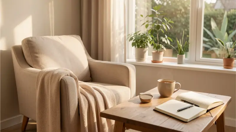 peaceful meditation corner with tea and journal symbolizing emotional healing and inner peace