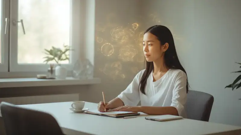 Pratique de journaling et de pleine conscience dans un espace apaisant, illustrant la transformation des pensées au quotidien.
