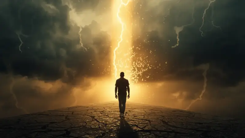 Personne marchant sur un chemin alternant entre lumière et ombre, symbolisant le développement personnel, le dépassement des obstacles mentaux et le chemin vers l’espoir, la paix intérieure et la pensée positive sous une douce lumière dorée.