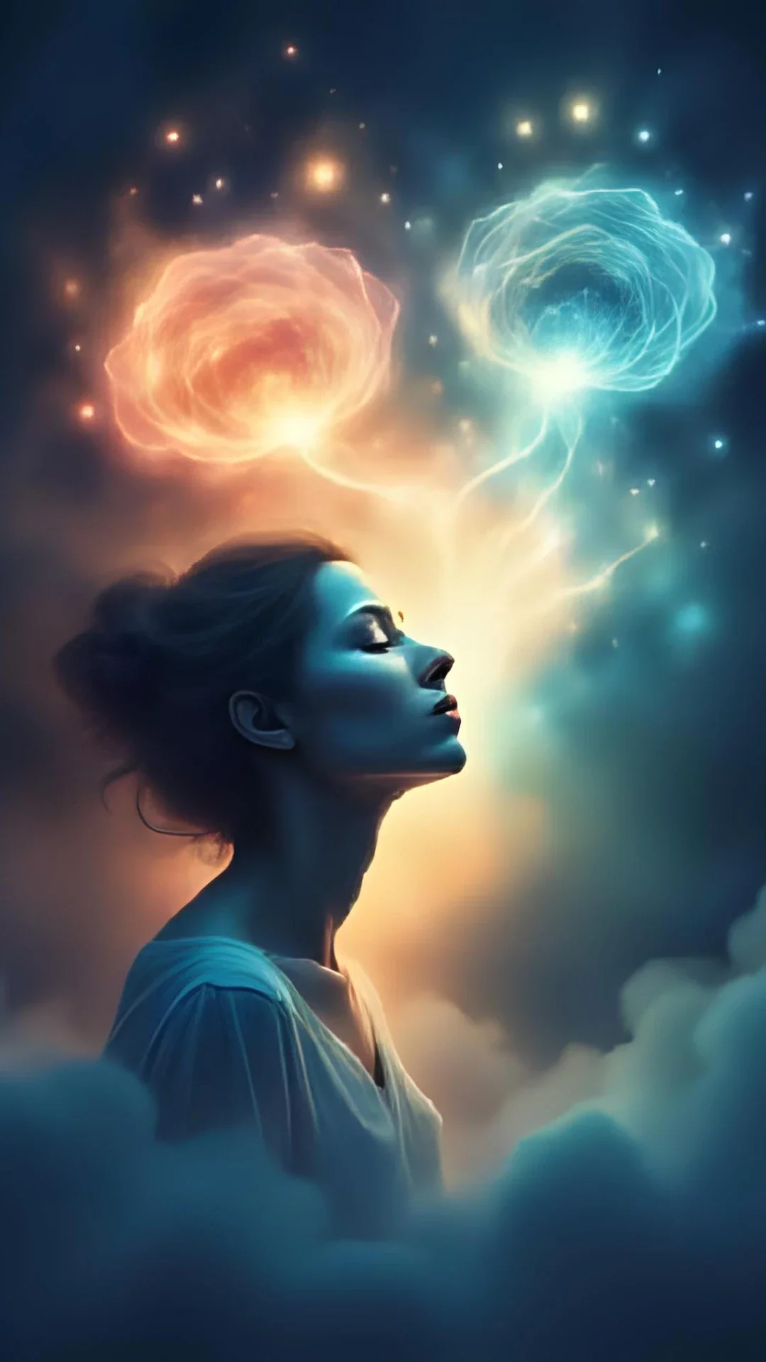 Silhouette d’une femme méditant avec des lumières énergétiques autour de sa tête.