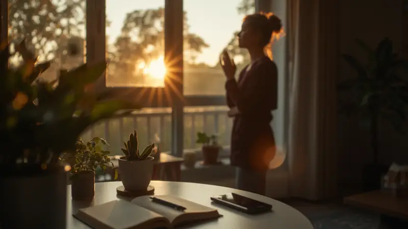 Person beginning the morning mindfully with intention before checking their phone