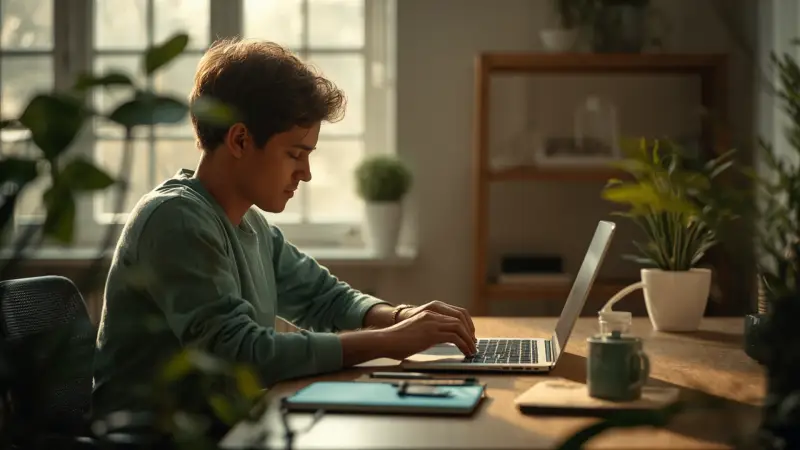 Person focusing on one task in a calm workspace with distractions kept away