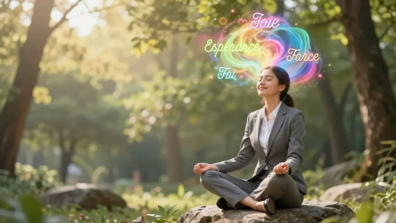 Pensées positives, joie et paix intérieure cultivées par la méditation et le mindset positif