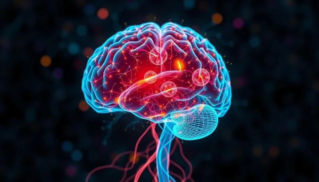 3D digital illustration of the human brain with glowing neural connections and red areas showing brain activity.