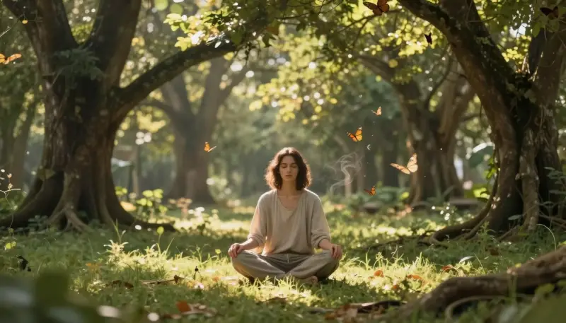 Person meditating in a peaceful forest with sunlight and butterflies, symbolizing inner peace and self-awareness