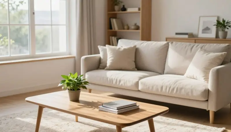clean minimalist living room with natural light symbolizing decluttering your environment to create calm and energetic space