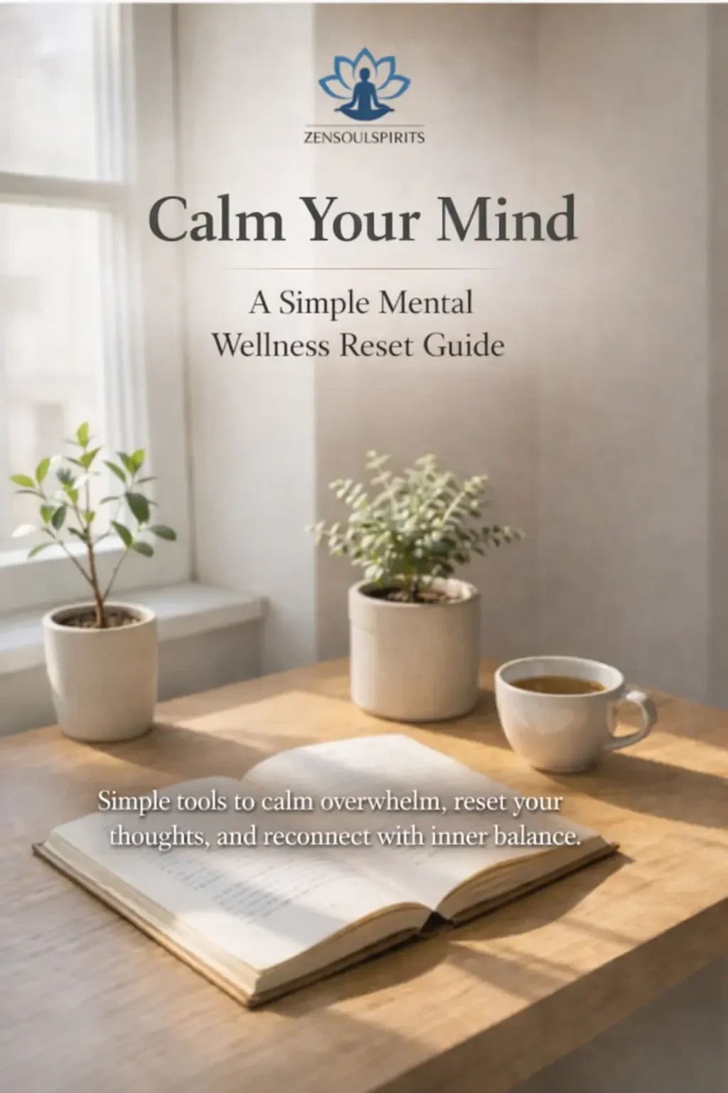 Calm Your Mind mental wellness guide by ZenSoulSpirits with plants, tea and journal on a wooden table representing meditation, relaxation and inner peace.