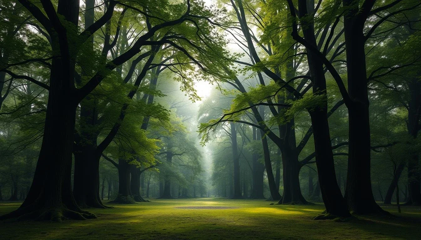 Clairière silencieuse dans une forêt dense, baignée par une lumière douce du matin, symbolisant paix intérieure et connexion à la nature.