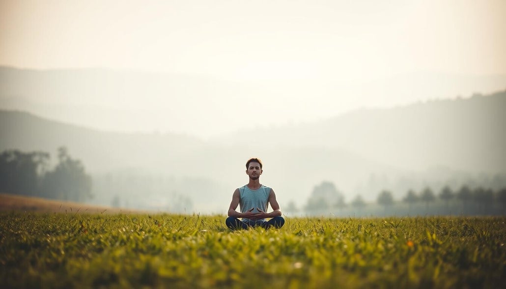 Man meditating in a peaceful field at sunrise, surrounded by misty hills — symbol of mindfulness and inner clarity
