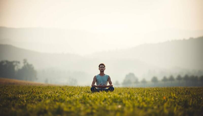 Man meditating in a peaceful field at sunrise, surrounded by misty hills — symbol of mindfulness and inner clarity