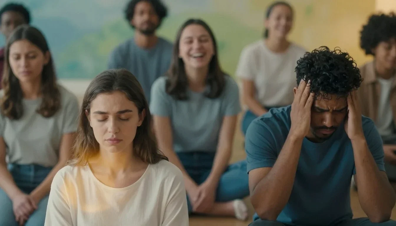 people experiencing emotional stress and awareness in a group setting illustrating the importance of feeling emotions to release tension from the body