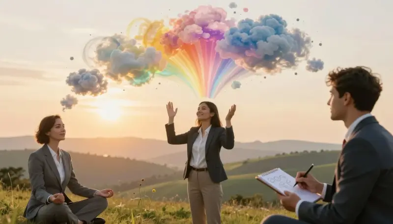 Pensées positives et transformation mentale illustrées par des couleurs lumineuses et un esprit ouvert