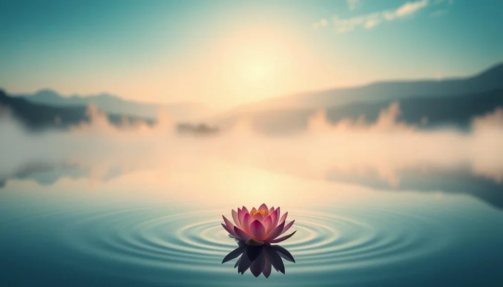 Pink lotus flower floating on calm water with gentle ripples at sunrise, symbolizing peace, mindfulness, meditation, and inner balance.