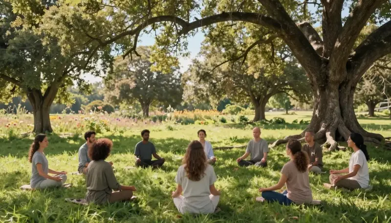 group of people meditating together in nature to raise collective energy and inner peace
