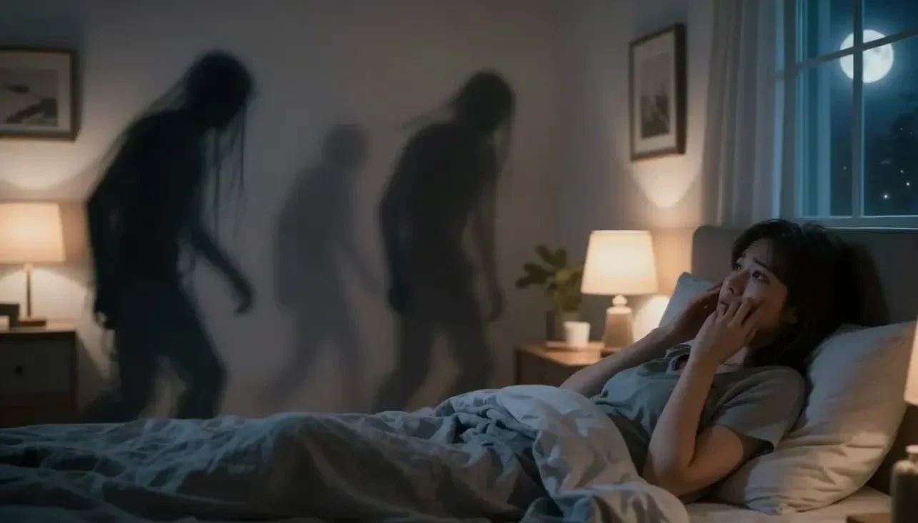 person lying awake in bed experiencing intrusive thoughts and nighttime anxiety