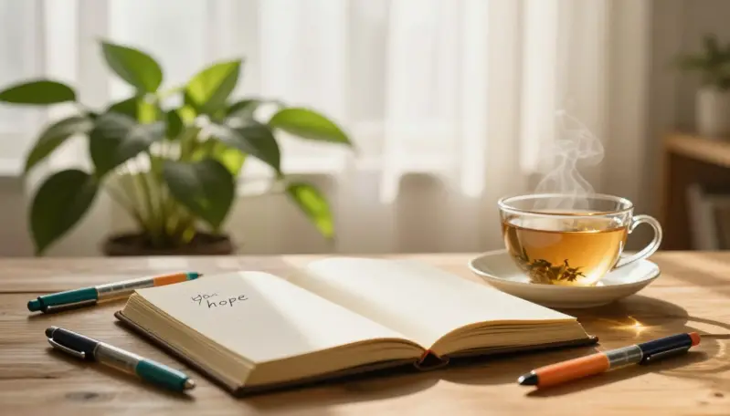 journal writing with tea and plant symbolizing healing words and mindful reflection