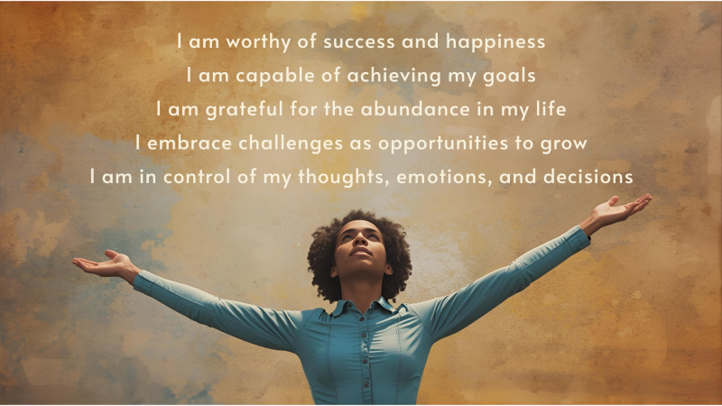 Woman with open arms under 5 daily affirmations on success, goals, gratitude, growth, and mindset control.
