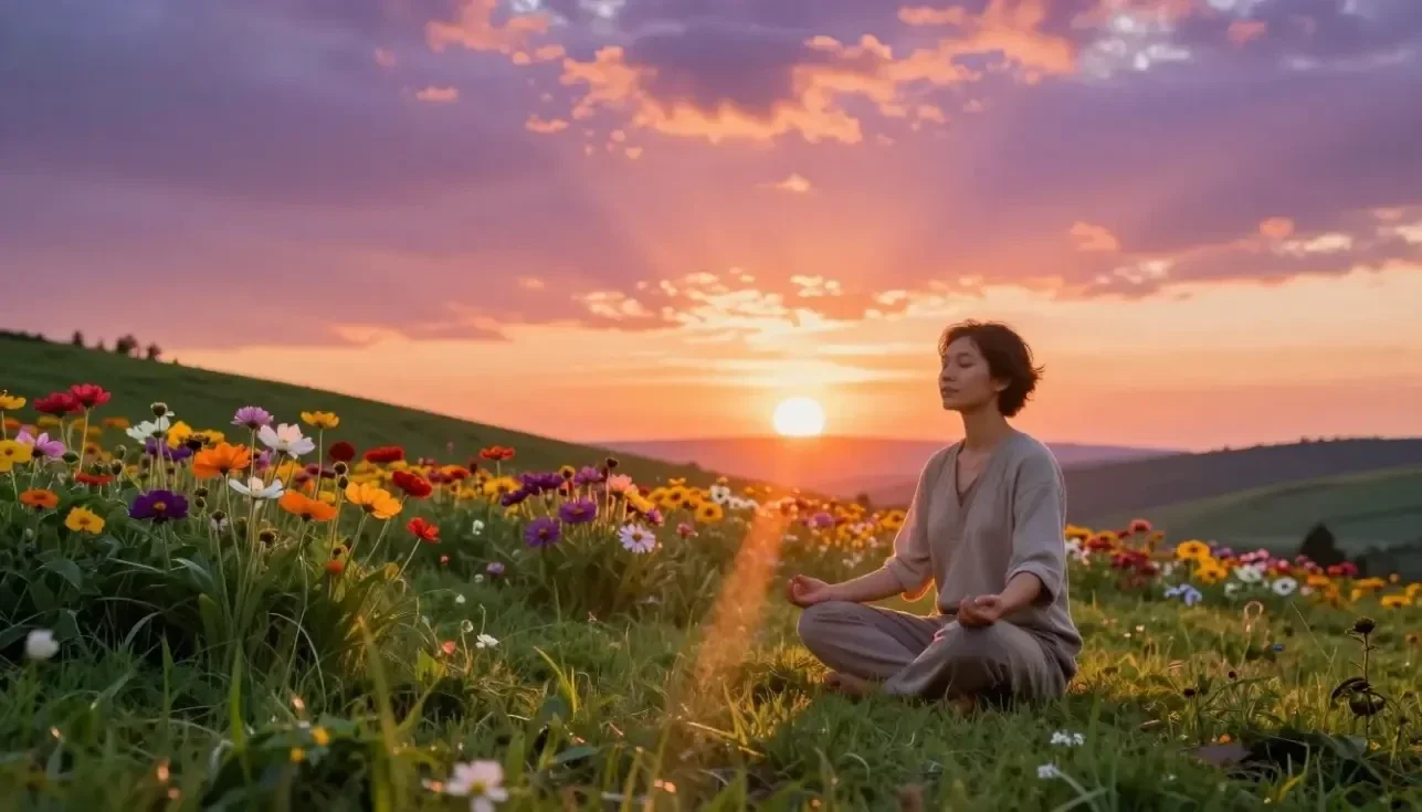 person meditating peacefully in nature at sunset symbolizing inner peace in a chaotic world
