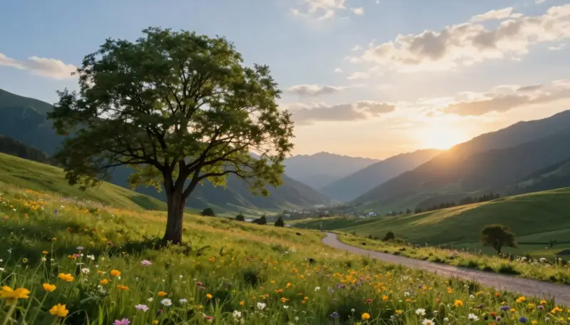 sunrise over a peaceful valley symbolizing hope and guidance from Psalm 23