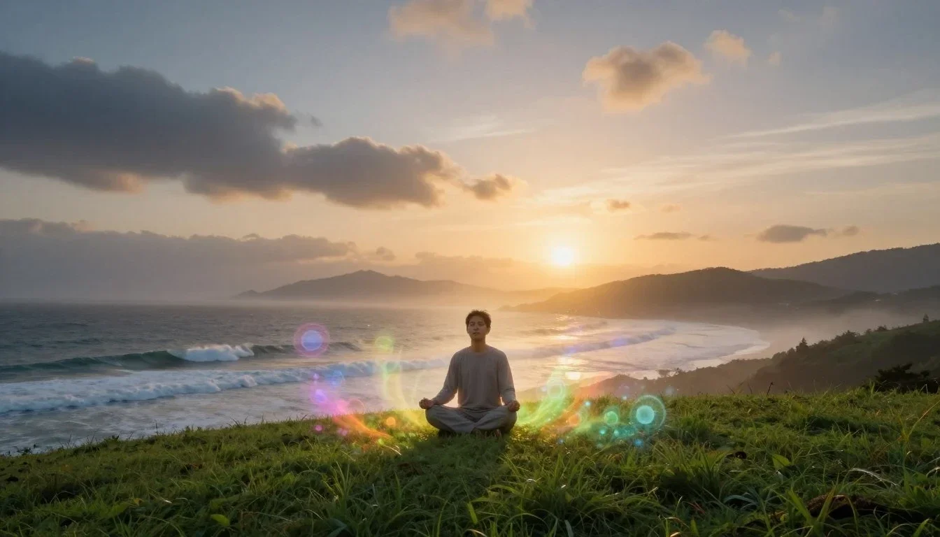 person meditating by the ocean at sunrise symbolizing raising vibration and inner peace during chaotic times
