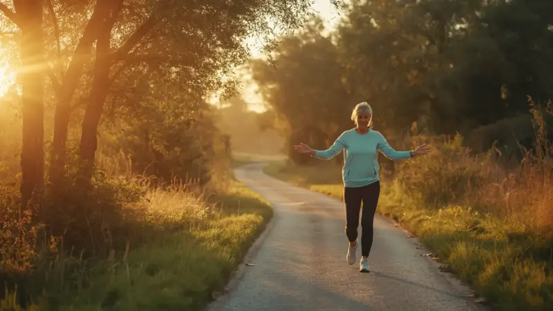 Person taking a gentle mindful walk in nature to support mental clarity and positive energy