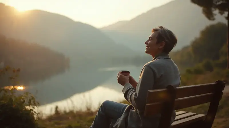 Person enjoying a peaceful moment of gratitude by a lake at sunrise