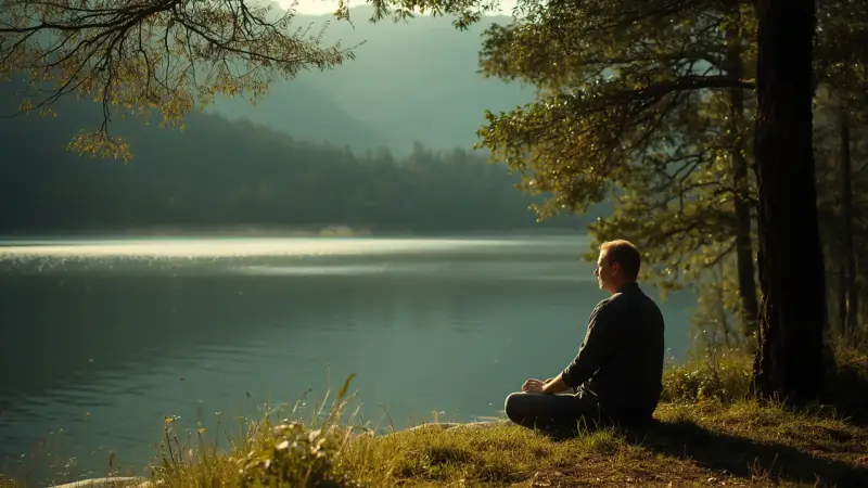 Person reconnecting with nature beside a peaceful lake to support mental clarity and inner peace