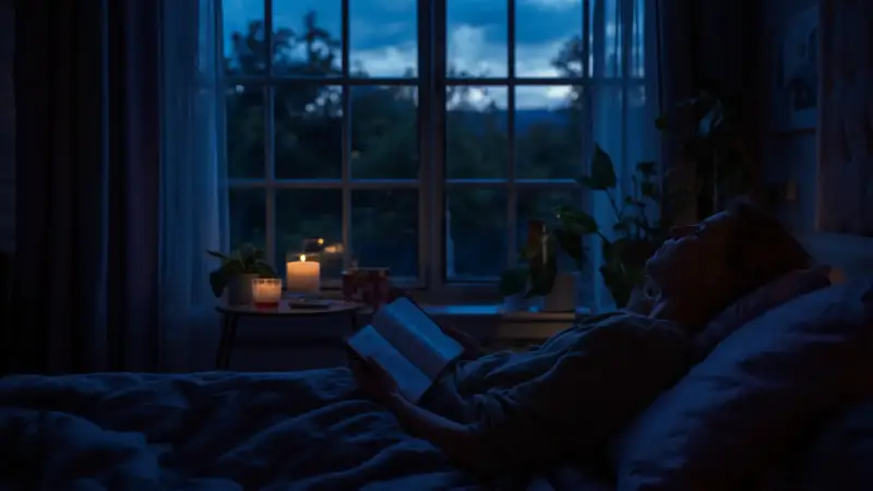 Person ending the day peacefully with a calming evening routine and their phone set aside