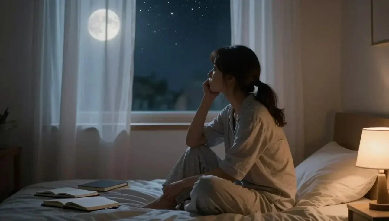 woman sitting awake in bed at night with racing thoughts before sleep