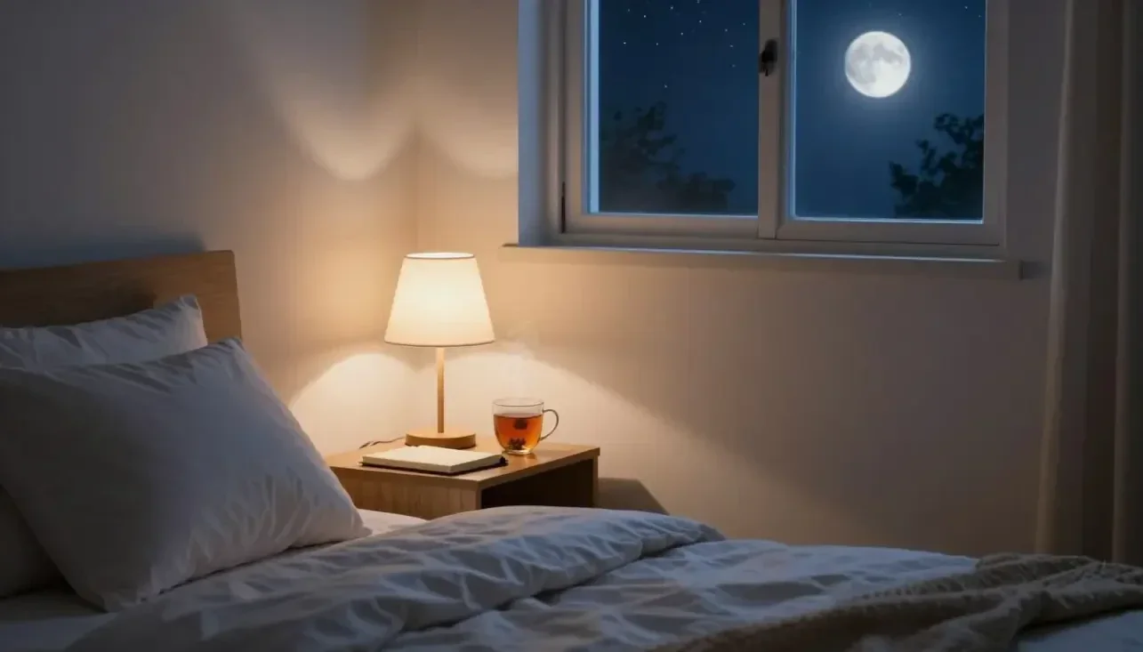 calm bedroom at night with warm light and tea bedtime routine to stop overthinking before sleep