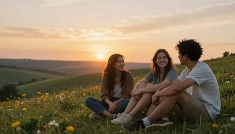 friends sitting together in nature sharing a positive moment symbolizing supportive relationships and healthy emotional energy