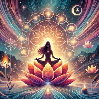 Femme en méditation sur une fleur de lotus, entourée de symboles sacrés et d’énergies lumineuses – ZenSoulSpirits