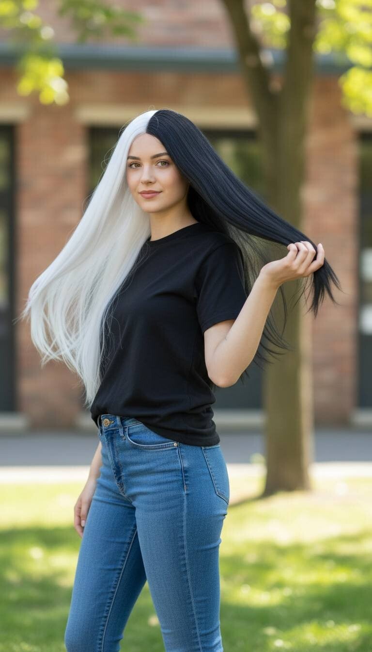 32" black and white split Lace front Synthetic blend