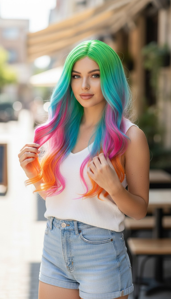 Synthetic 30" Pastel rainbow long wavy 5 color combo NO  lace