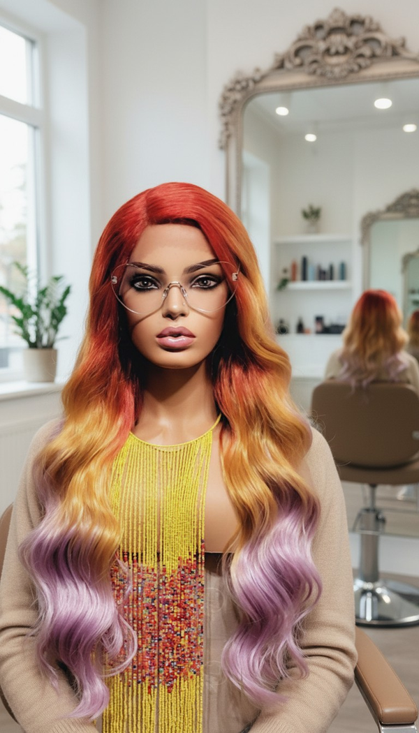 Synthetic 26" Rainbow 3D color Adjustable wig , side part 5 color combo