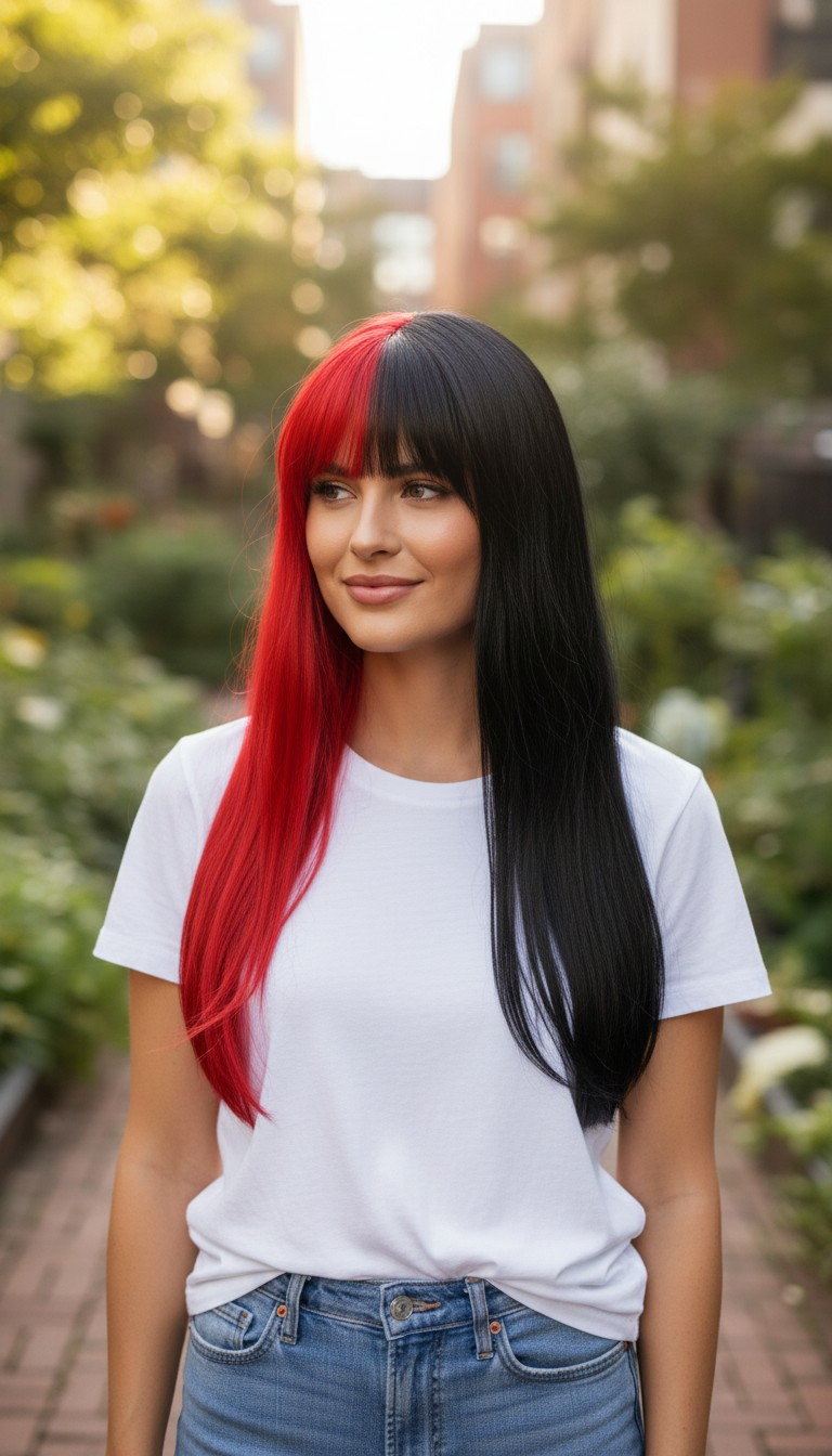 Synthetic 26" 50/50 split Black and Red Bangs