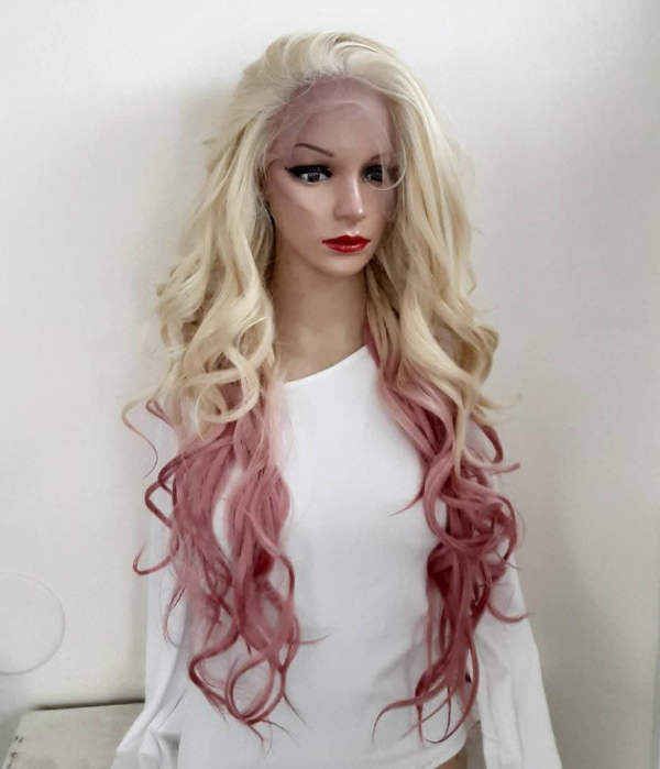 28' curled Blonde and Pink fade ombre Human Hair blended