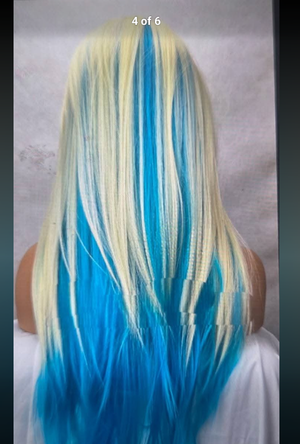 SYNTHETIC - 24" Blonde and blue wig styled with bangs