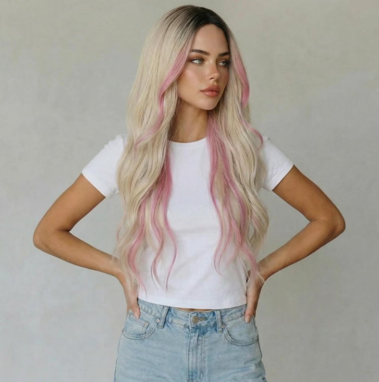 Synthetic 26" Platinum Blonde wavy wig with Pastel Pink highlights