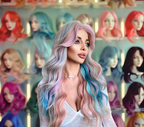 Synthetic 26" Pastel Pink, blue, ombre wig long wavy 4 color combo