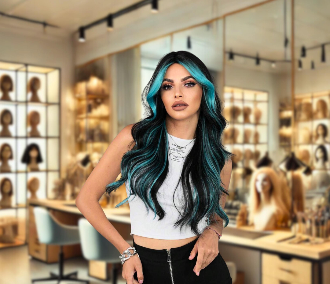 Synthetic 26" long Black with Blue highlights, wavy, curtain bangs NO Lace