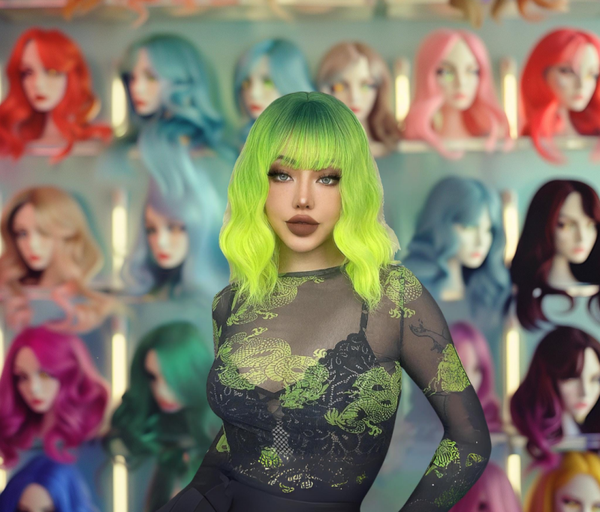 Synthetic Greed Gradient wig ombre wavy short 12" with bangs NO Lace