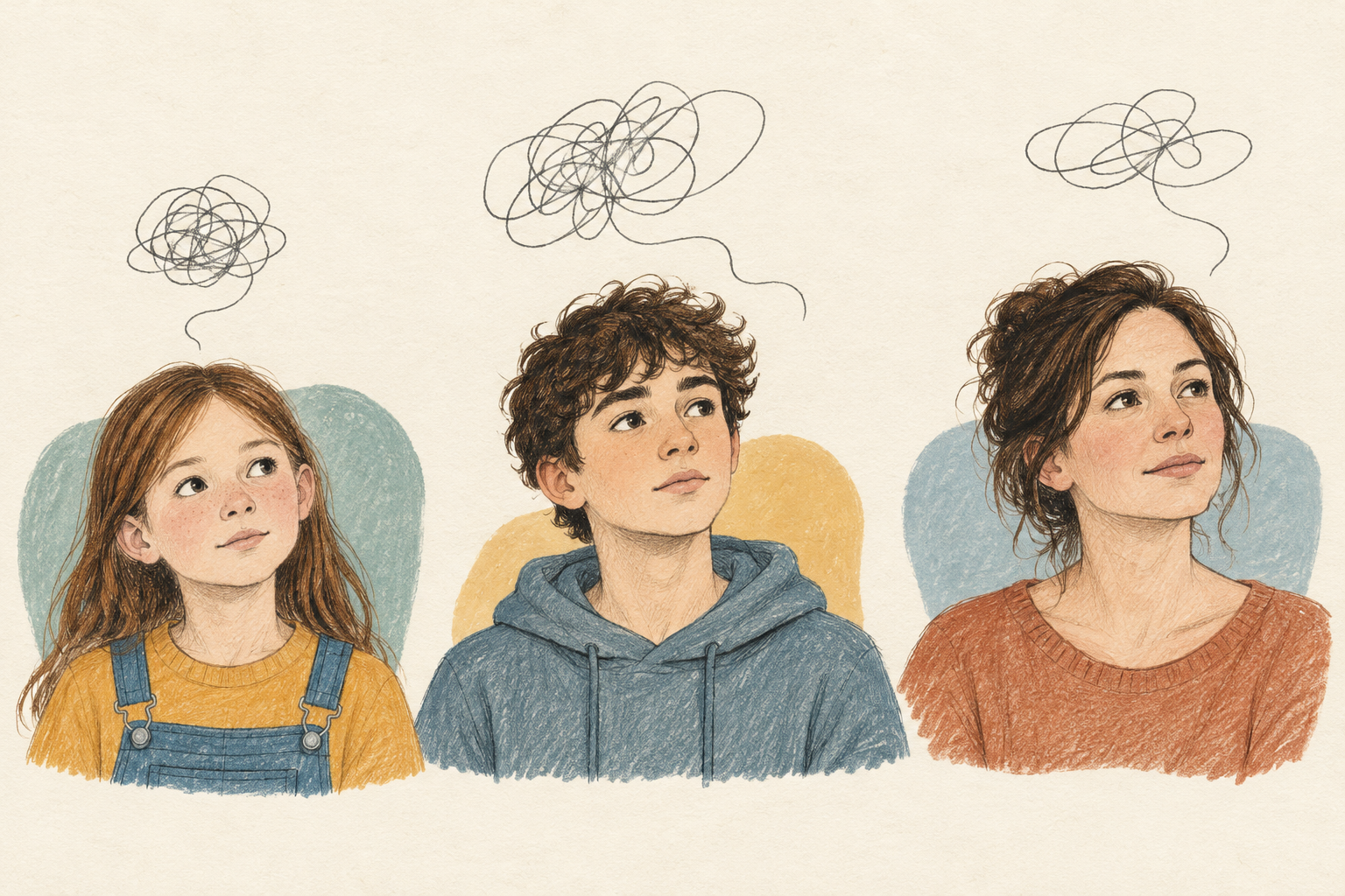 Illustration of a child, teenager and adult with pencil scribbles above their heads, representing less visible ADHD difficulties