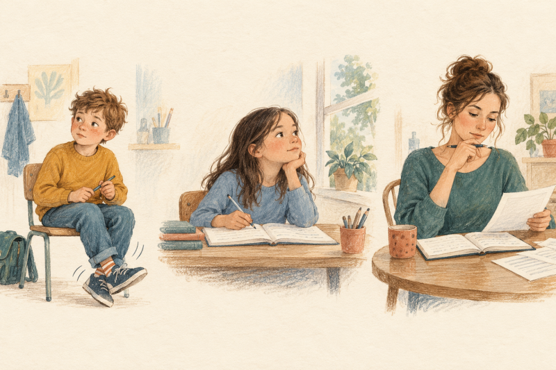 Hand-drawn illustration of a child fidgeting, a child gazing away from schoolwork and an adult organising paperwork, showing different ways ADHD can present.