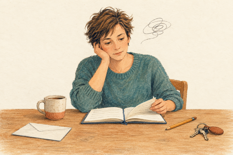 “An adult looking thoughtfully at an open diary, with keys, an envelope and a coffee cup on the table.”