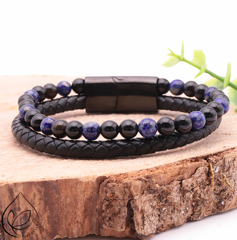 Bracelet - Aska cuir noir Lapis Lazuli & Onyx